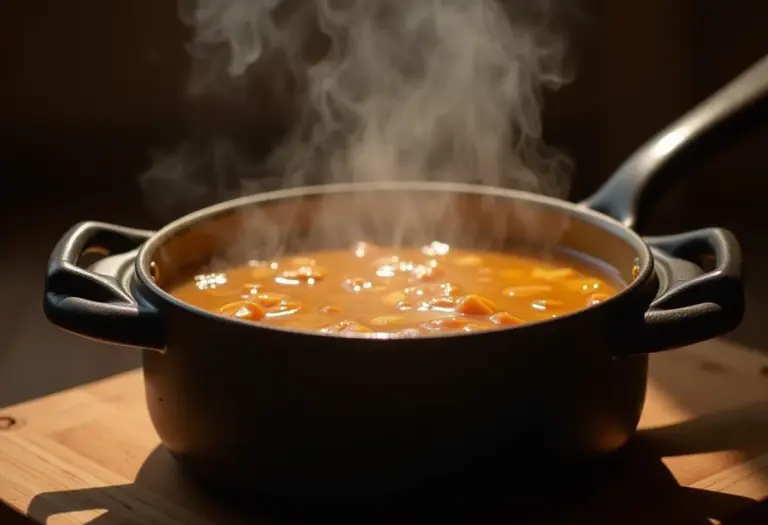 Caldo de carne fumegante em panela rústica