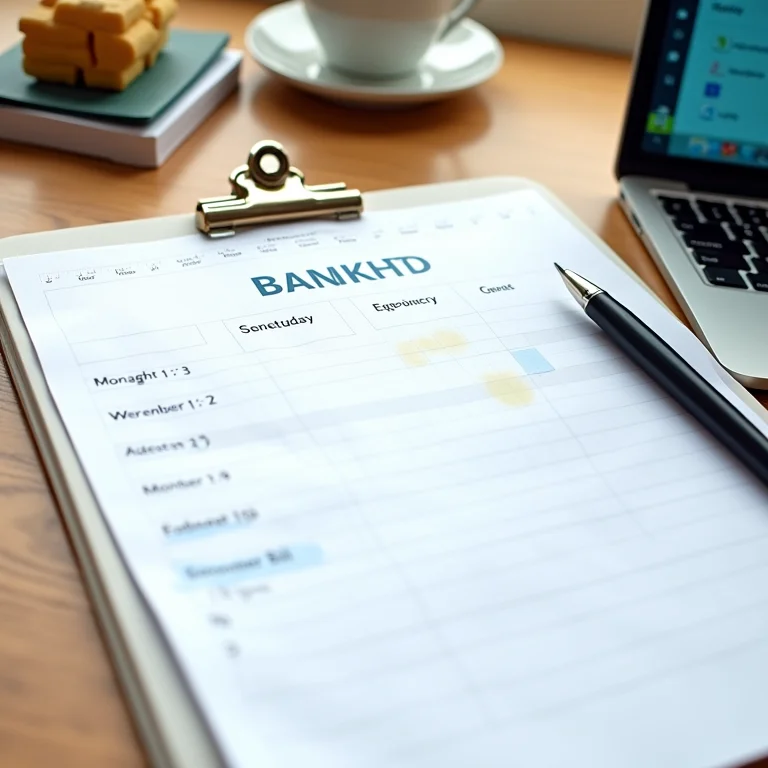 Calendário com contas recorrentes marcadas e laptop com interface de banco online