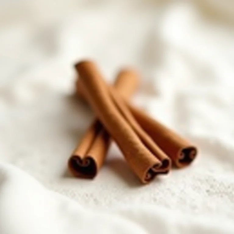 Canela do Ceilão em pau disposta sobre tecido de linho branco.