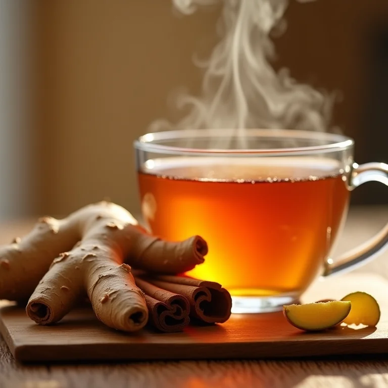 Canela em pau e raiz de gengibre ao lado de uma xícara de chá de ervas fumegante, destacando o controle do açúcar no sangue.