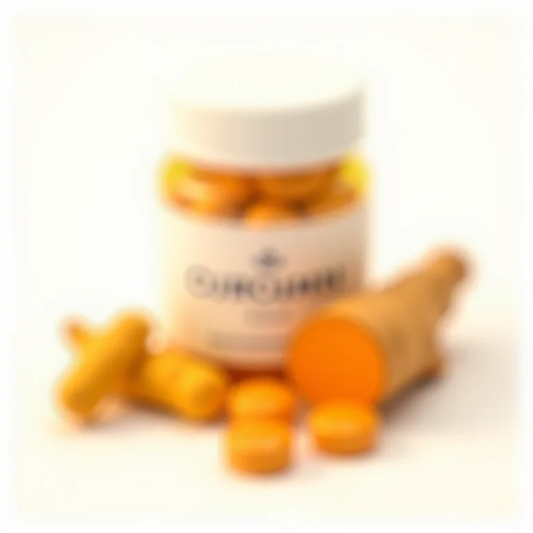 Cápsulas de extrato de curcumina e raiz de cúrcuma fresca.