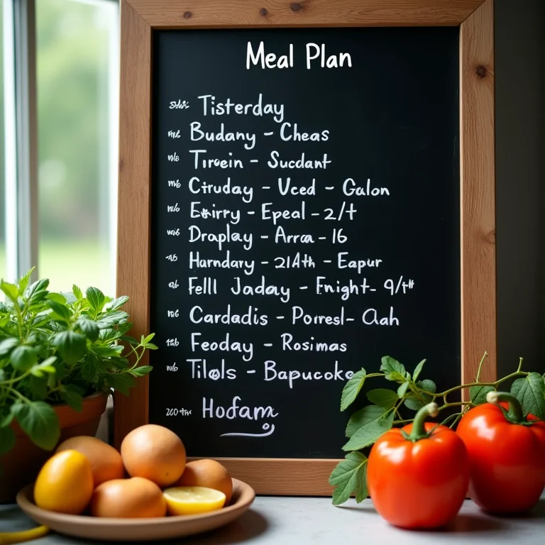 Cardápio semanal escrito em um quadro negro com ingredientes frescos ao lado