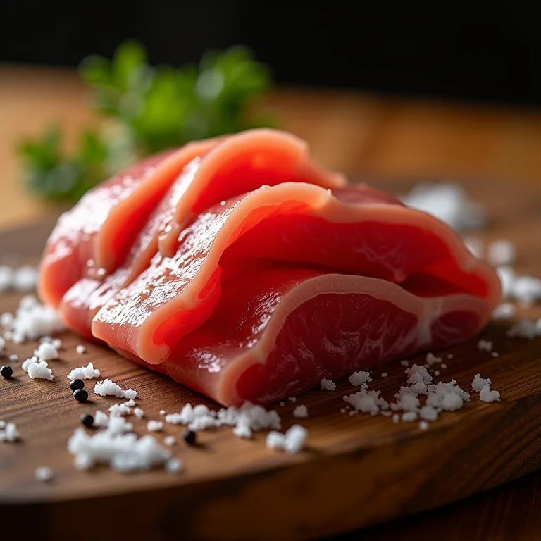 Carne de sol fatiada em uma tábua de madeira rústica.
