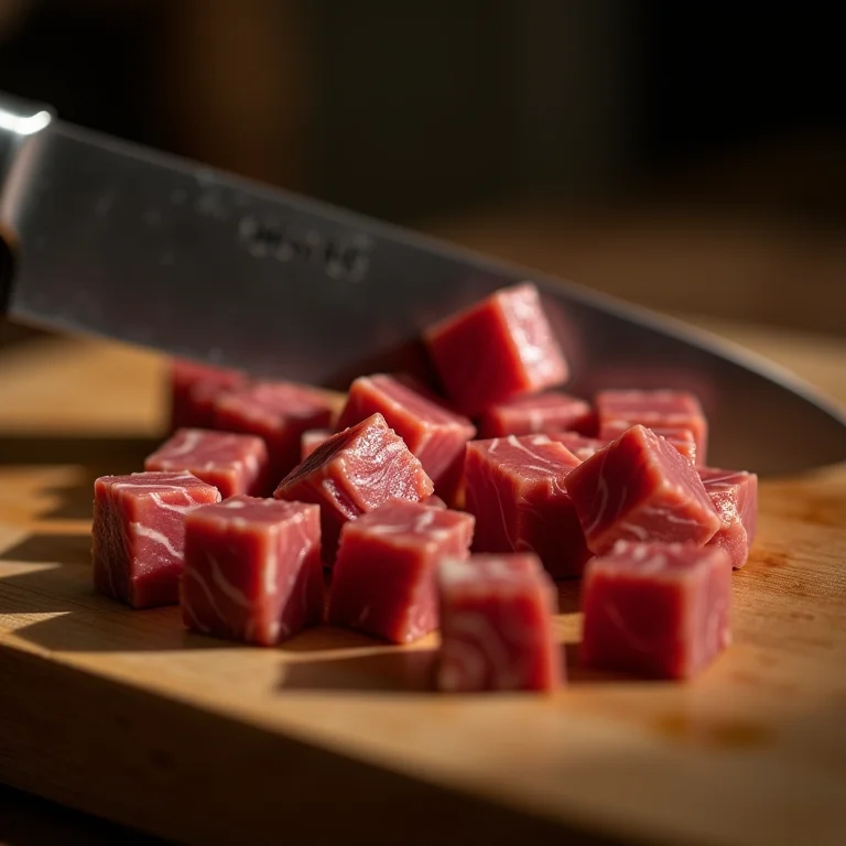 Carne de sol sendo cortada em cubos em uma tábua de madeira.