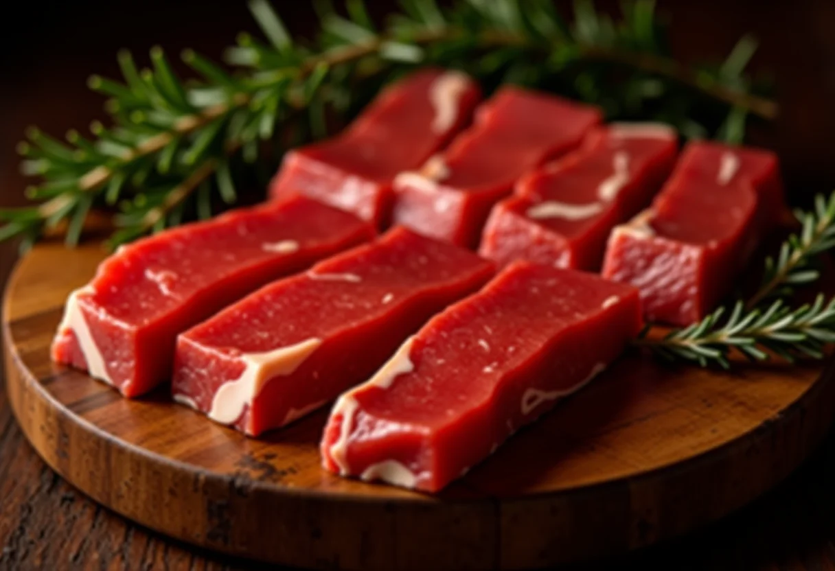 Carnes cruas variadas com ervas de Provence frescas.