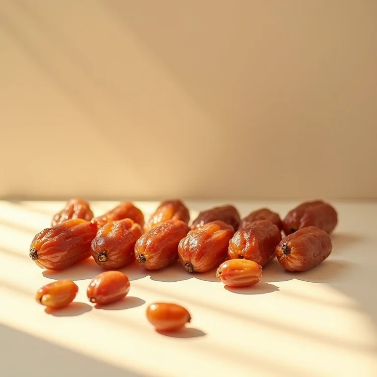 Caroços de tâmara dispostos em linha.