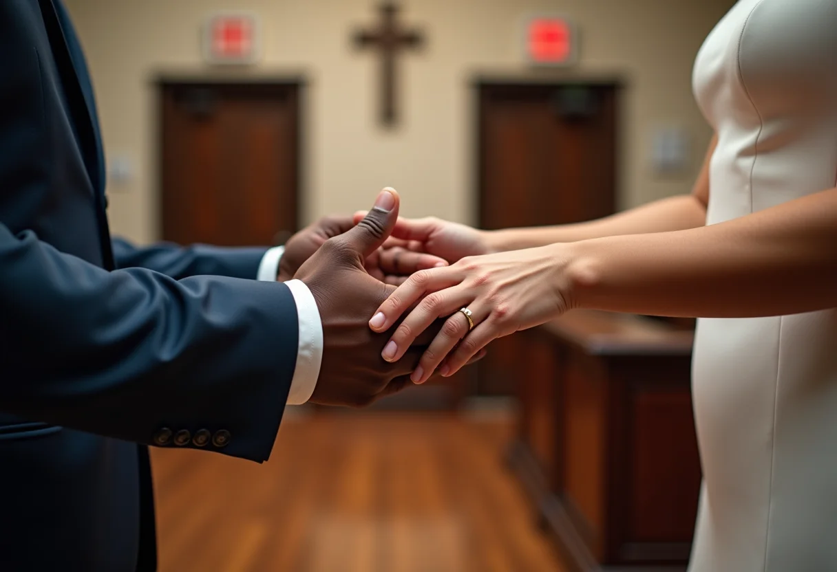 Casal diverso celebrando casamento civil em ambiente minimalista