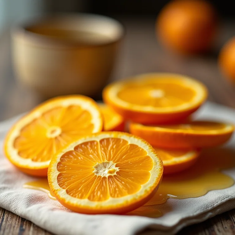 Casca de laranja seca e cristais de mel em close-up, ingredientes do chá.