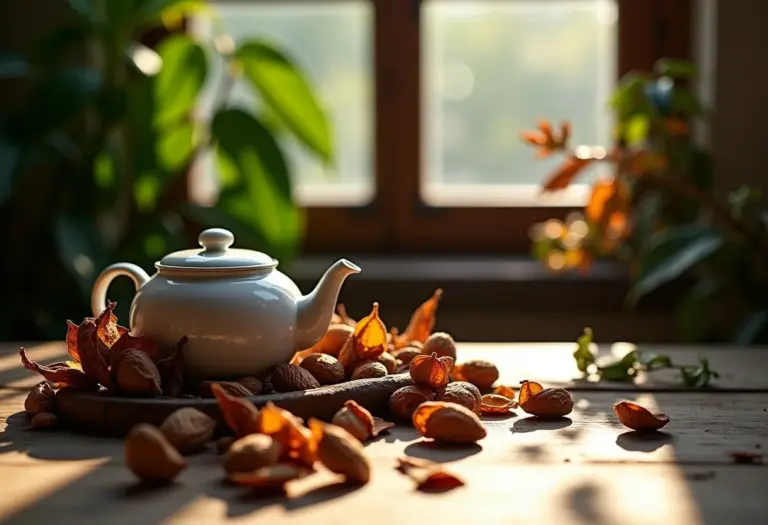Casca e folhas de Mulungu secas em mesa rústica com bule de cerâmica