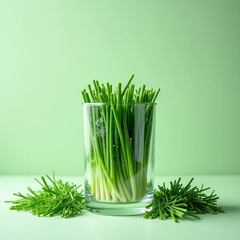 Cebolinha congelada em pote de vidro ao lado de cebolinha fresca
