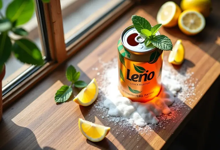 Cenário contrastante: Chá gelado industrializado cercado de açúcar versus ingredientes naturais.