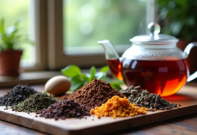 Cenário de preparo de chá com ingredientes diversos em mesa rústica.
