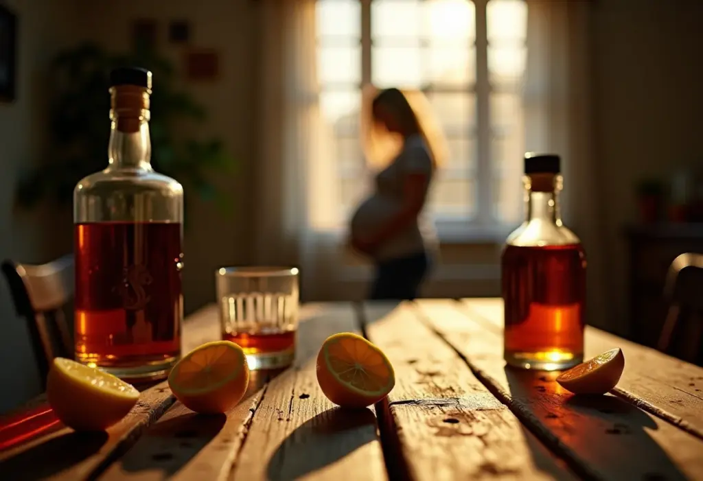 Grávida pode tomar whisky? O que dizem os médicos Cenário rústico com whisky, limões e silhueta de grávida ao fundo, simbolizando a dúvida sobre o consumo na gravidez.