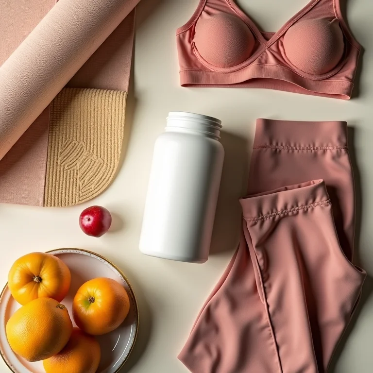 Cevada solúvel com roupas de treino, tapete de yoga e frutas frescas