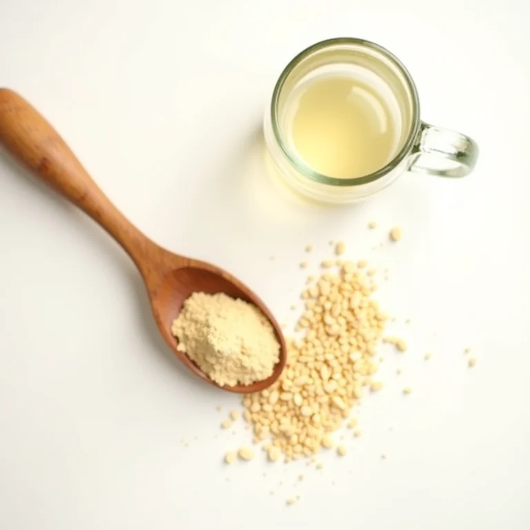 Cevada solúvel em pó derramando de uma colher de madeira rústica
