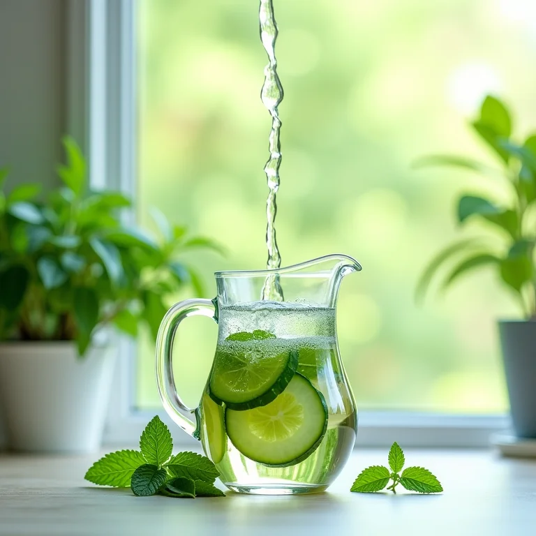 Chá branco com hortelã e pepino sendo preparado