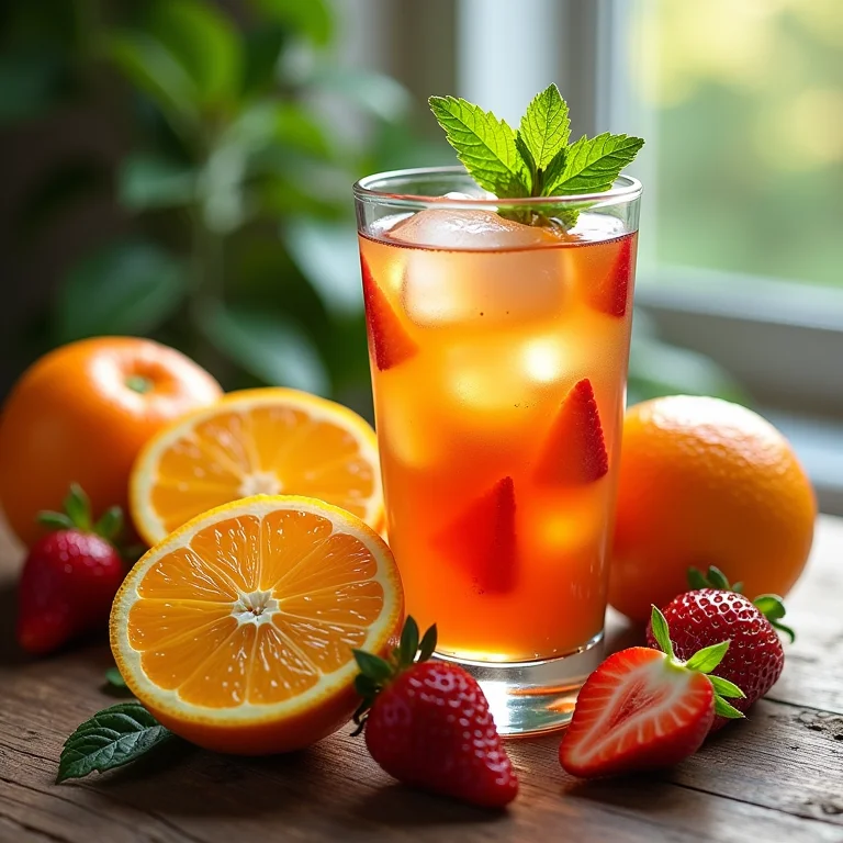 Chá com suco de laranja e morango, uma explosão de nutrientes