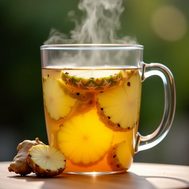 Chá de abacaxi com gengibre em infusão em copo de vidro