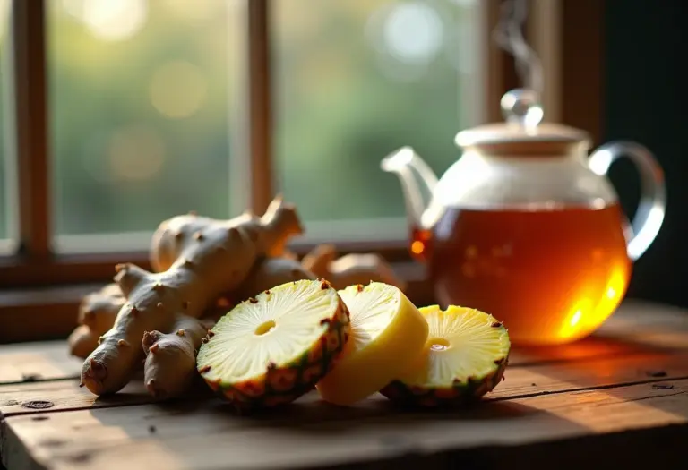 Chá de abacaxi com gengibre sendo preparado em bule de vidro sobre mesa de madeira rústica