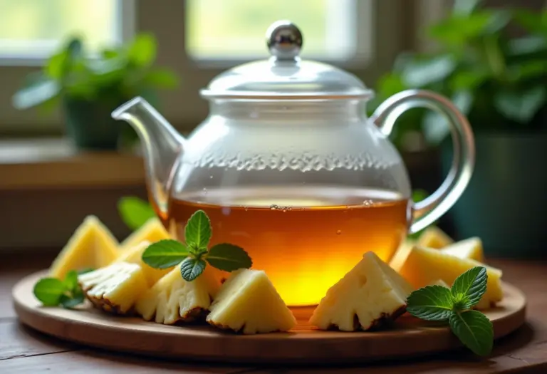 Chá de abacaxi com hortelã sendo preparado em bule de vidro.