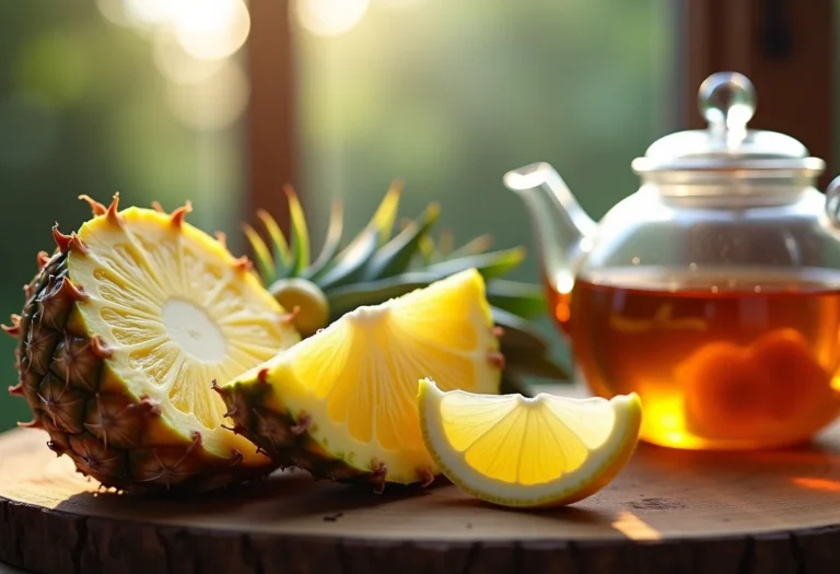 Chá de abacaxi com limão em bule de vidro com ingredientes frescos ao redor