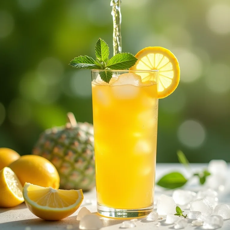 Chá de abacaxi com limão gelado com hortelã e limão