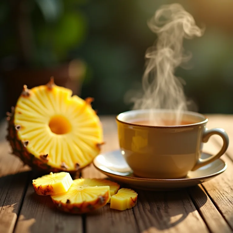 Chá de abacaxi servido em xícara de cerâmica.