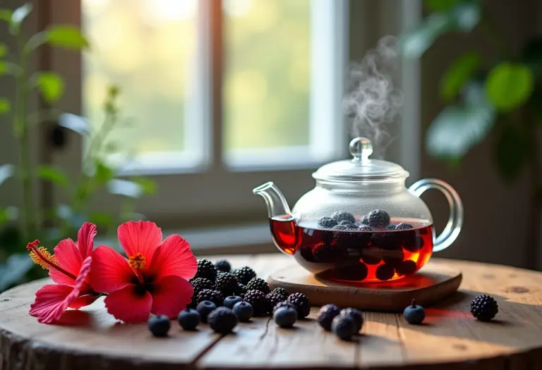Chá de amora com hibisco sendo preparado em bule de vidro.
