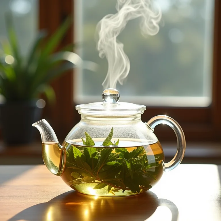 Chá de arruda sendo preparado em uma chaleira de vidro.