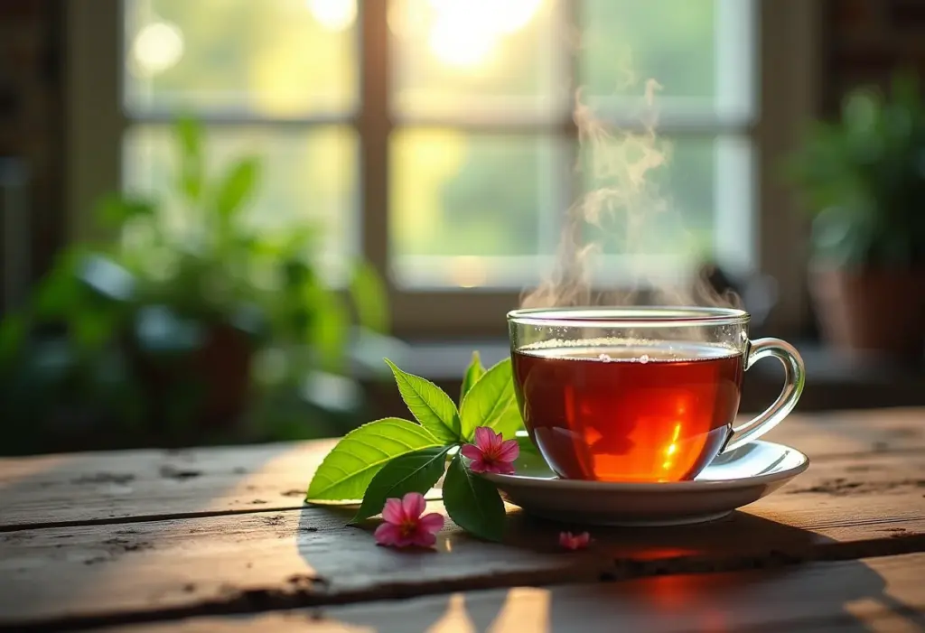 Chá de Assa Peixe fresco em mesa de madeira rústica com luz natural