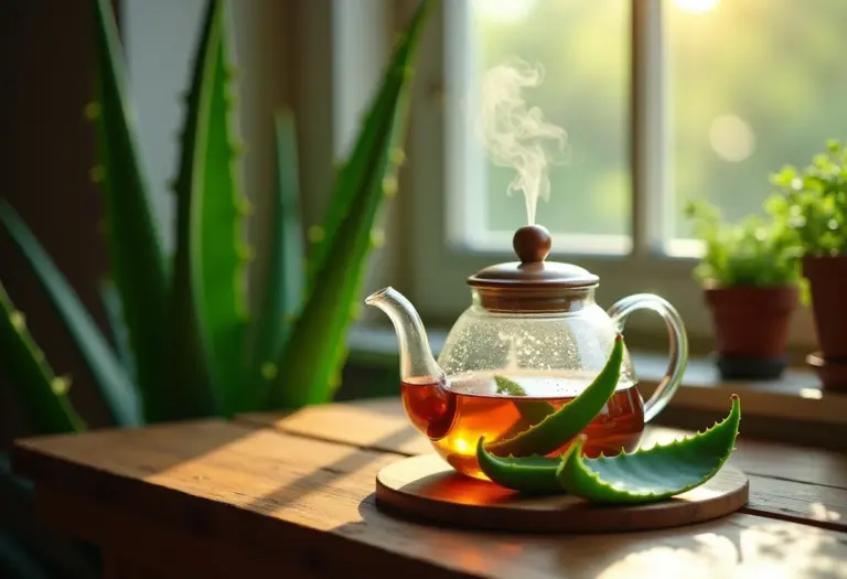 Chá de babosa sendo preparado em bule de vidro sobre mesa rústica.