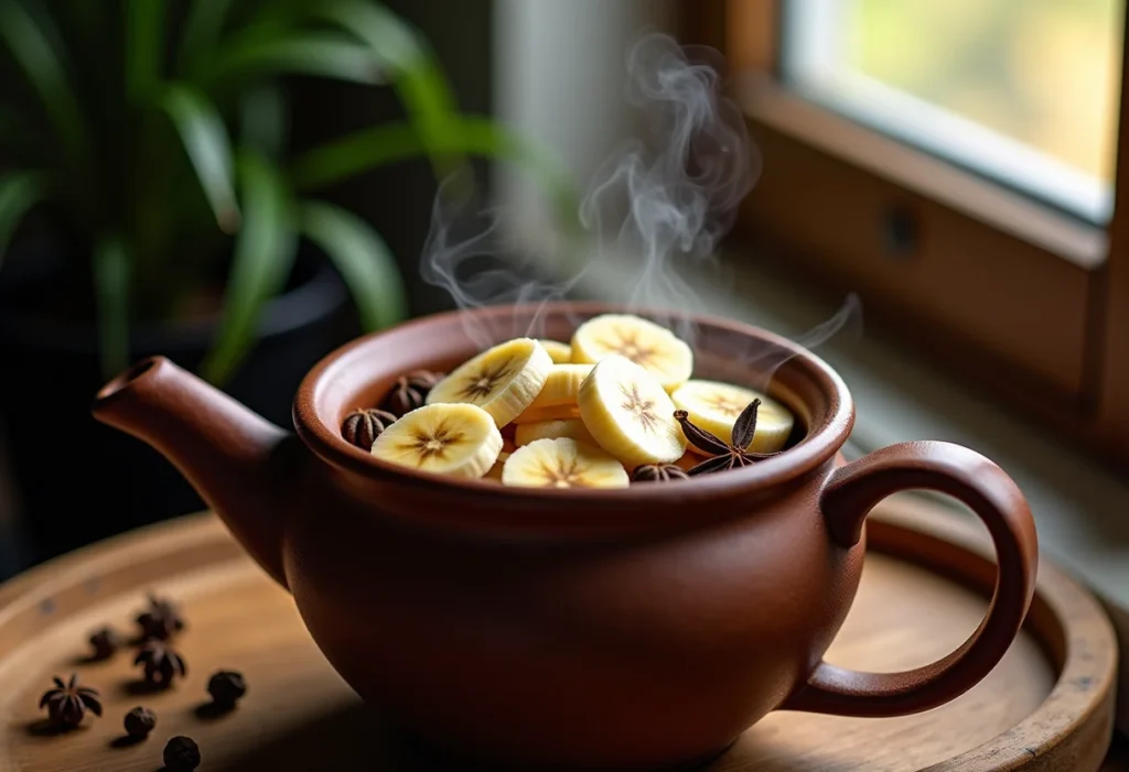 Chá de banana com cravo fumegante em bule rústico de cerâmica
