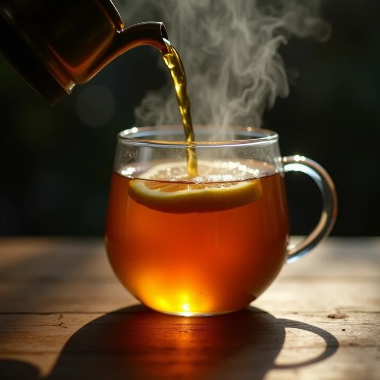 Chá de boldo com limão sendo servido em um copo de vidro.