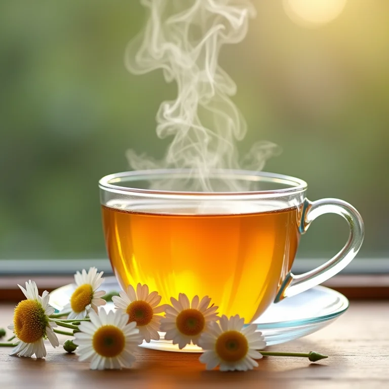 Chá de camomila com vapor saindo da xícara