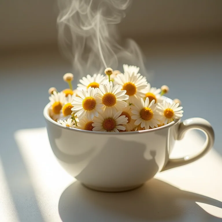 Chá de camomila fumegante em xícara de cerâmica branca.