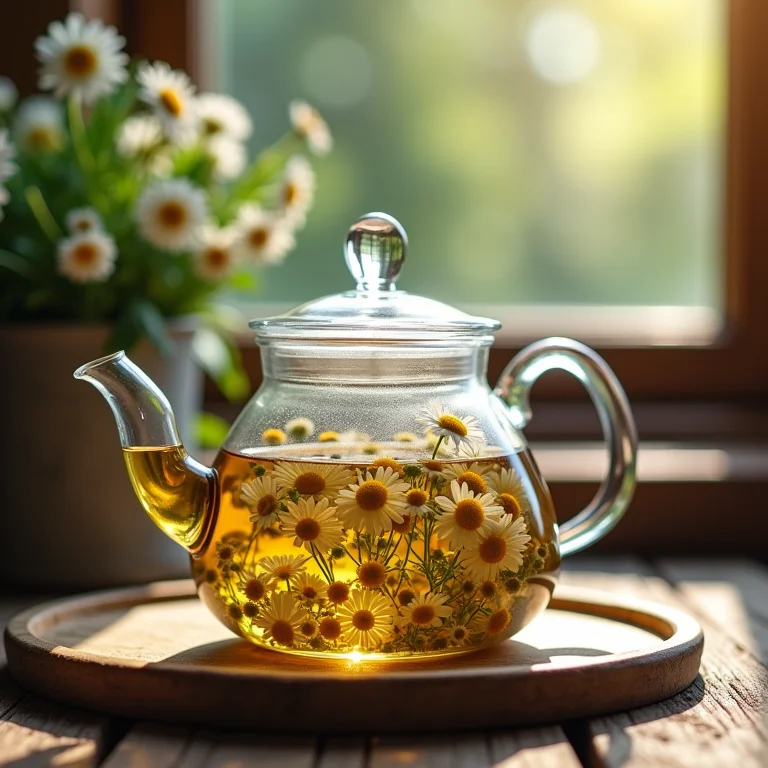 Chá de camomila sendo preparado em bule de vidro