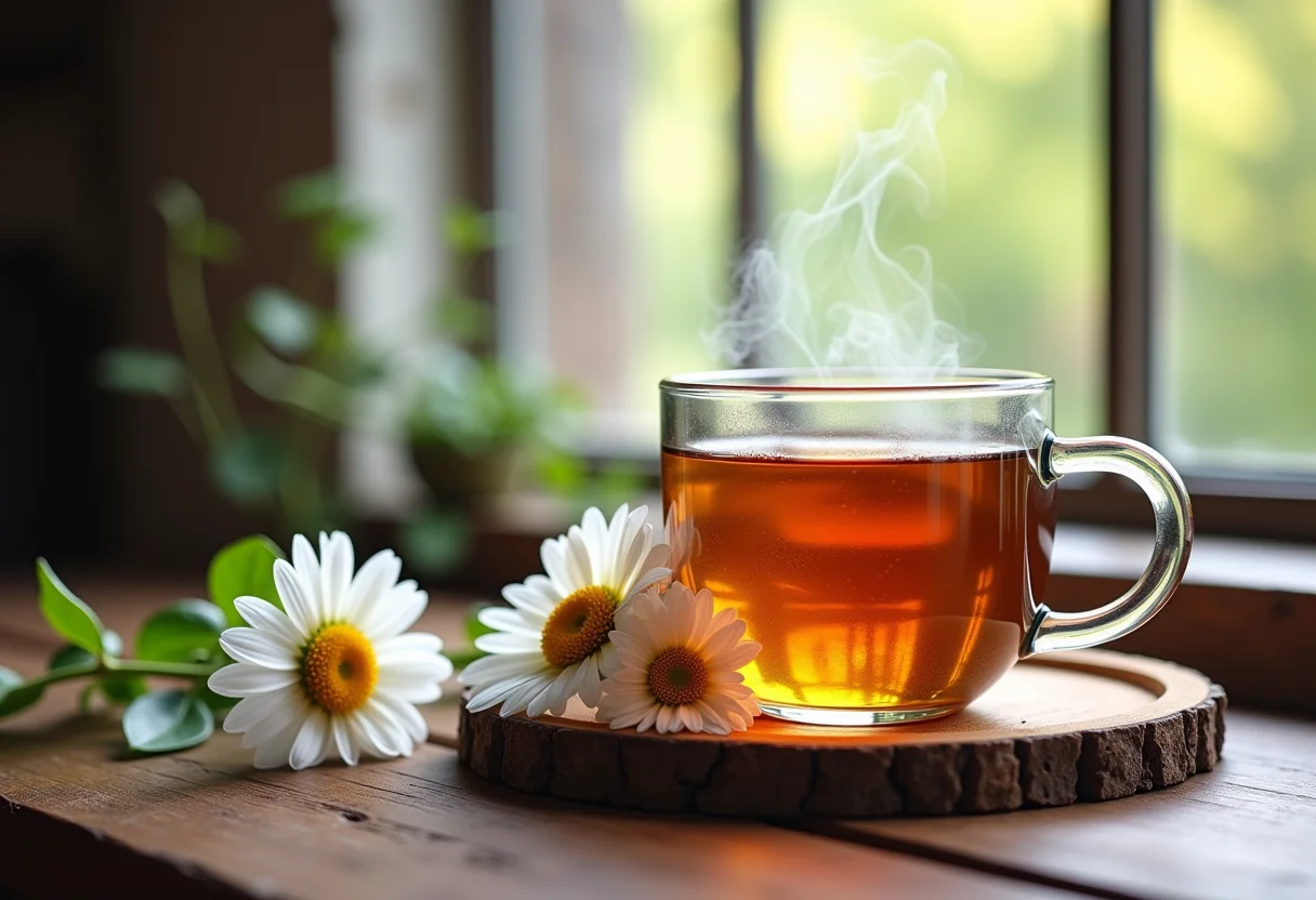 Chá de camomila sendo preparado em mesa de madeira rústica com luz natural