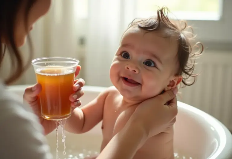 Chá de camomila sendo usado para enxaguar o cabelo de um bebê.