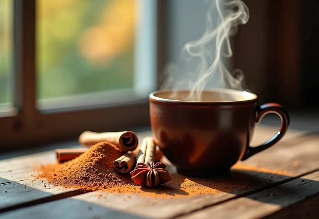 Chá de canela sendo preparado em mesa rústica com especiarias