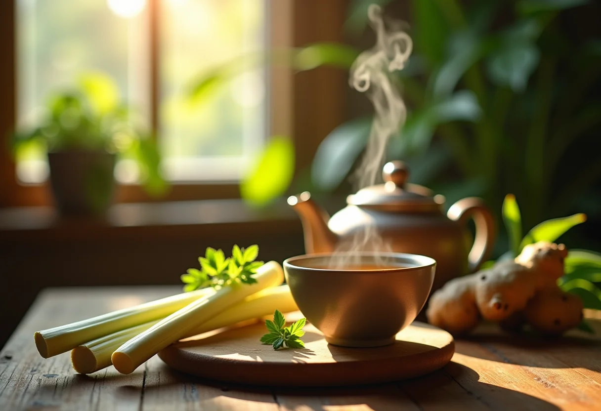 Chá de capim santo com gengibre sendo preparado em mesa rústica