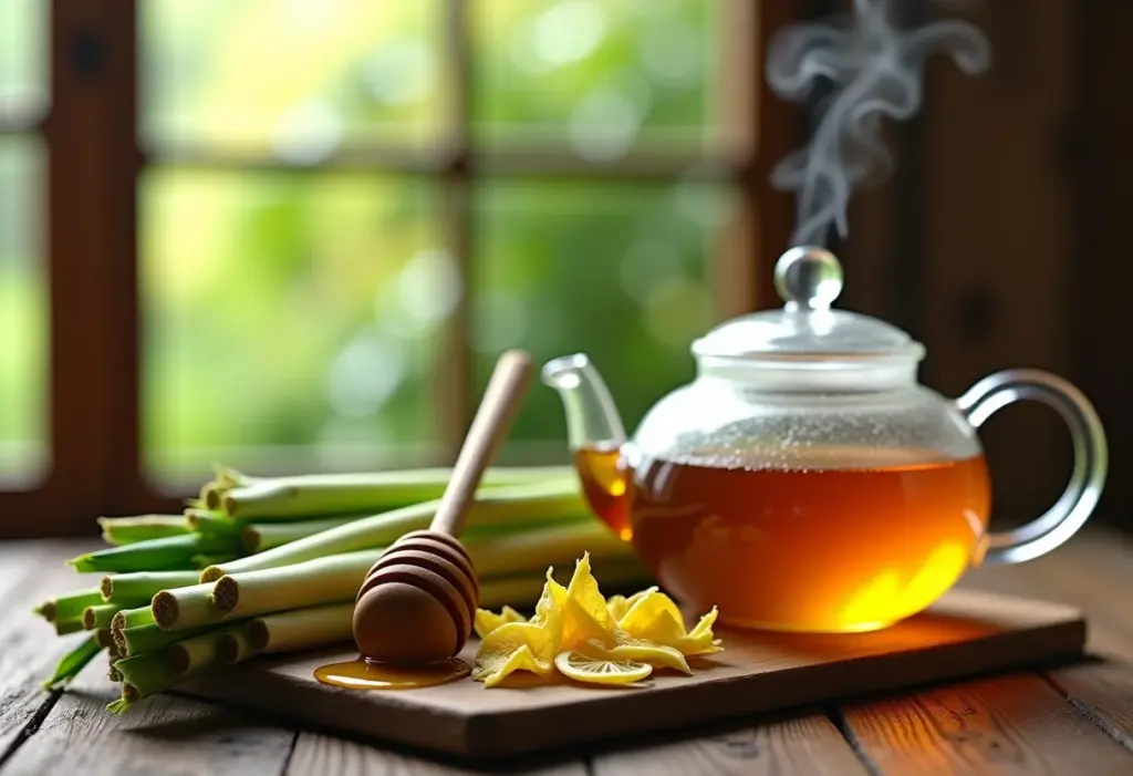 Chá de capim santo com mel sendo preparado em bule de vidro