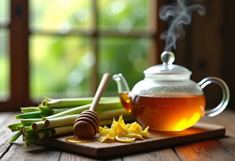 Chá de capim santo com mel sendo preparado em bule de vidro