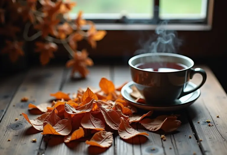 Chá de carqueja amarga sendo preparado em mesa de madeira rústica com luz natural