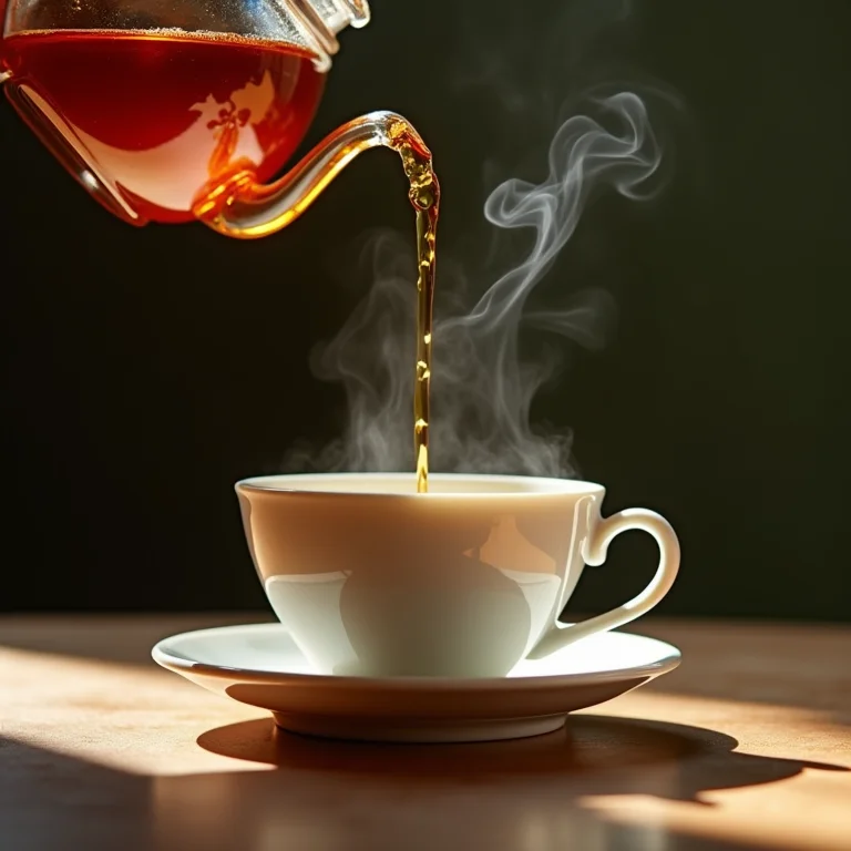 Chá de carqueja sendo servido de bule de vidro para xícara de cerâmica