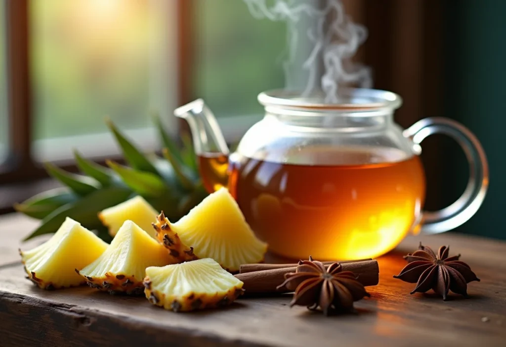 Chá de Casca de Abacaxi: O segredo para turbinar a digestão Chá de casca de abacaxi com especiarias em bule de vidro
