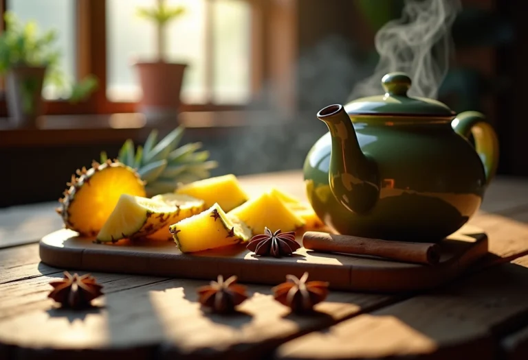 Chá de casca de abacaxi com especiarias em mesa rústica