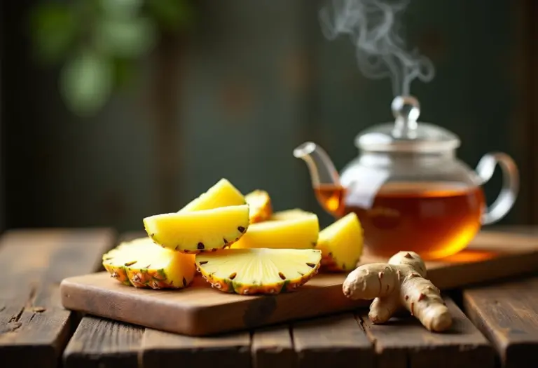 Chá de casca de abacaxi com gengibre sendo preparado em bule de vidro