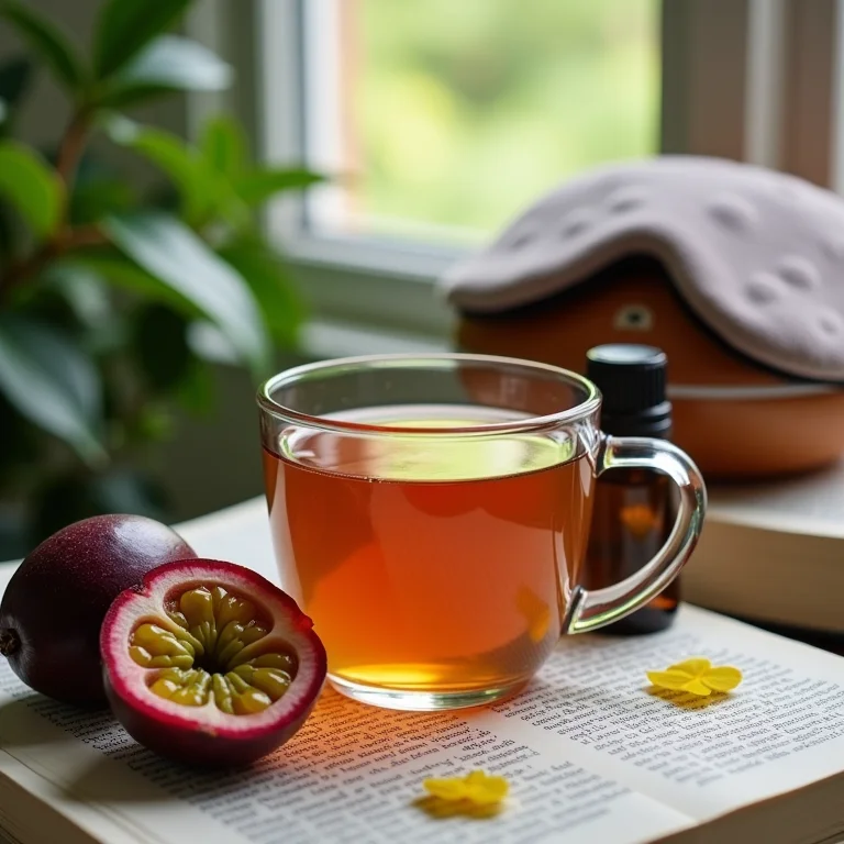 Chá de casca de maracujá e outros elementos para uma rotina de sono relaxante.