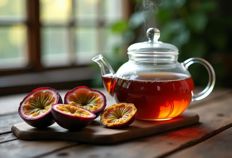 Chá de casca de maracujá sendo preparado em bule de vidro com ingredientes frescos e secos ao redor.