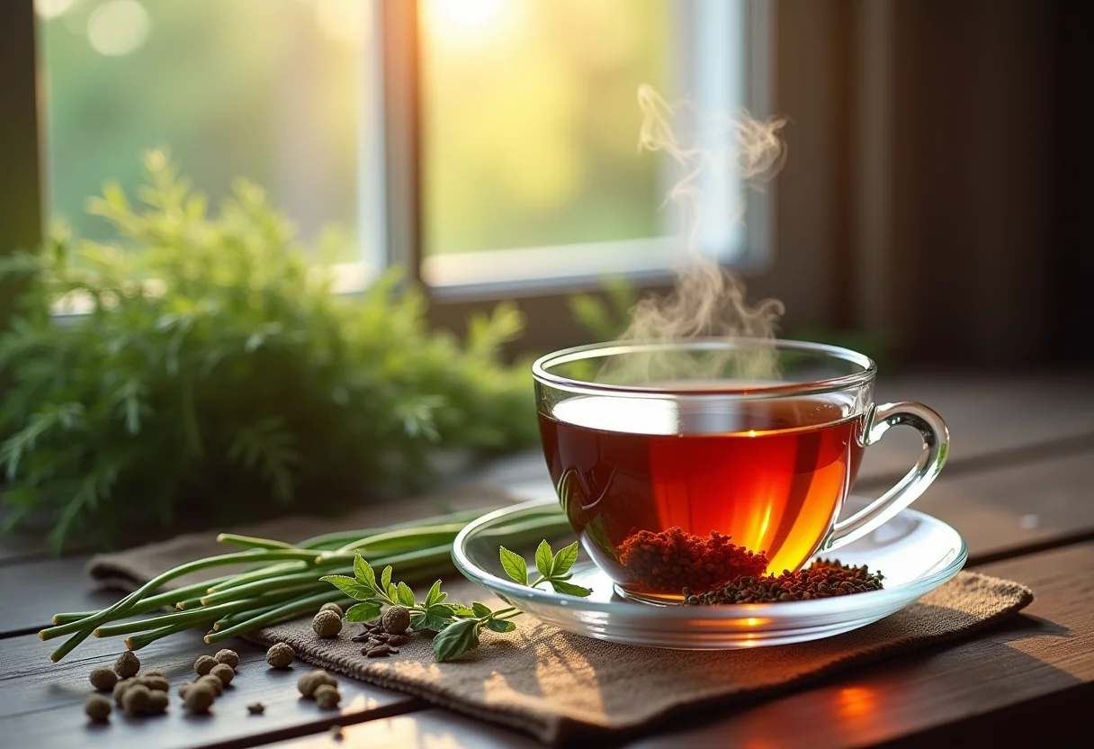 Chá de cavalinha com ingredientes em mesa de madeira rústica.